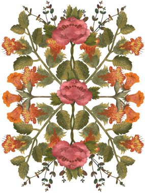   Kırmızı ve turuncu çiçekli botanik kompozisyon ve yeşil ayna botanik desenli. Beyaz arkaplanda suluboya çiçek çizimi. İskandinav halkı geleneksel motif, kartpostal veya posta kartı