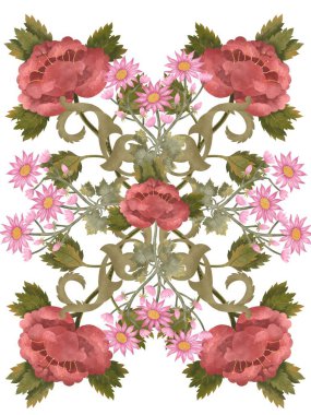   Kırmızı güller ve pembe çiçeklerle botanik kompozisyonu, beyaz arka planda yeşil yapraklar çizilmiş. Halk tarzında suluboya çiçekli kartpostal ya da poster