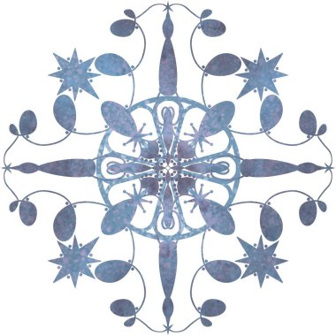   Mavi ve mor tonlarda simetrik kar taneleri. Yeni yıl dekoru, kar. Beyaz arkaplanda kar taneleri