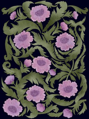   Mor çiçekler, yeşil yapraklar, mor çiçekler ve yeşil yapraklar kırsal bir şekilde çizilmiş siyah bir arka planda.