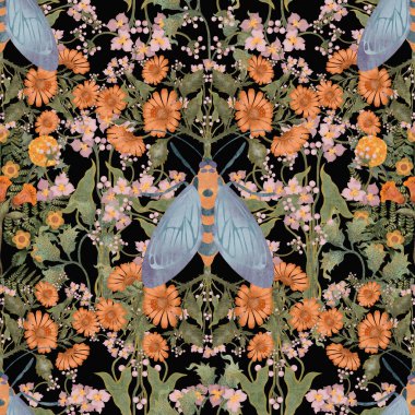 Kelebekler ve turuncu çiçeklerle kusursuz suluboya deseni