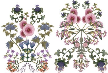   Set of 2 botanical illustrations with blue, purple and pink flowers green leaves on a white background, hand drawn. Postcard or poster with watercolor flowers in folk style clipart