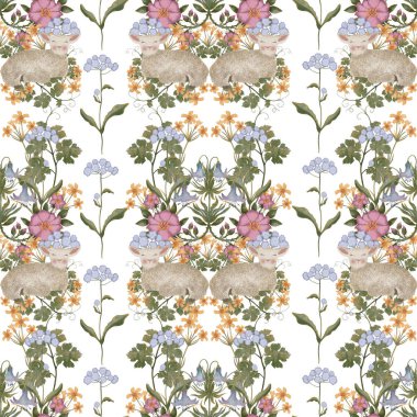 Beyaz arka planda yaban çiçekleriyle çevrili tüylü kuzularla kusursuz suluboya desenleri. Paskalya, doğum günleri ve bahar tatili için desen