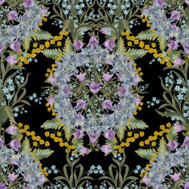 Sarı, mavi ve mor çiçekli kusursuz desen, yeşil yapraklar.