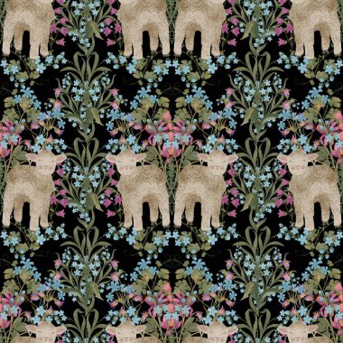 Seamless pattern with lambs, forget-me-nots and bluebells on a black background clipart