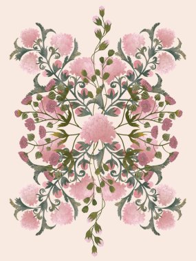   Pembe çiçekli ve yeşil yapraklı suluboya çizimler. Düz çizim el çizimi