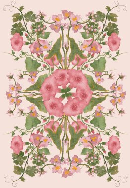   Açık arkaplanda pembe şekilli çiçeklerle suluboya bitkisel kompozisyon