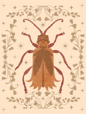 Çiçek ve yıldızlardan oluşan bir arka planda suluboya turuncu böcek