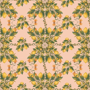Limonlu ve turuncu çiçekli pürüzsüz bir desen.