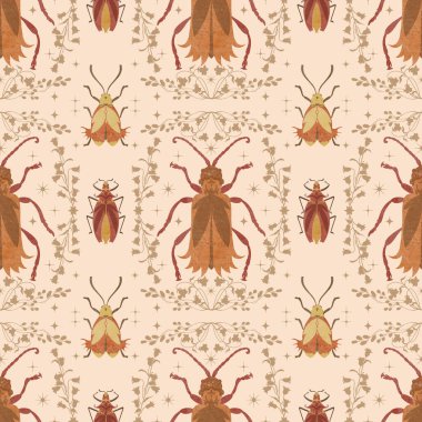 Aydınlık bir arkaplanda, biçimlendirilmiş sıra dışı böceklerle kusursuz desen