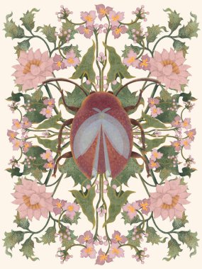   Açık pembe renkli çiçekleri olan botanik kompozisyonu ve suluboya tekniğinde açık arkaplanda pembe bir böcek. Resim elle çizilmiş.