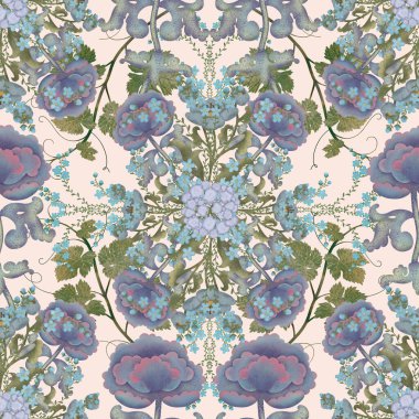 Açık arkaplanda mavi ve mor çiçekli kusursuz botanik desen