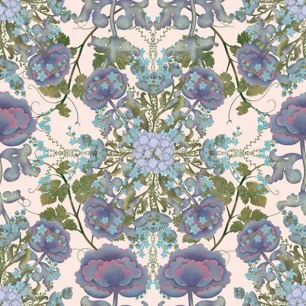 Açık arkaplanda mavi ve mor çiçekli kusursuz botanik desen