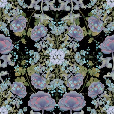 Kusursuz botanik desenli, siyah arka planda 