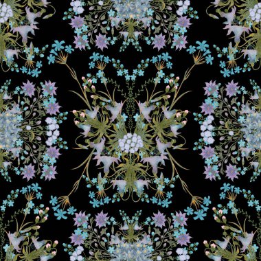 siyah bir zemin üzerine mavi çiçekli suluboya desen