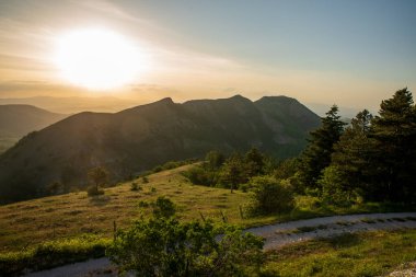 İtalya 'nın Marche bölgesinde Monte Nerone yamacındaki çayır manzarası