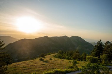 İtalya 'nın Marche bölgesinde Monte Nerone yamacındaki çayır manzarası