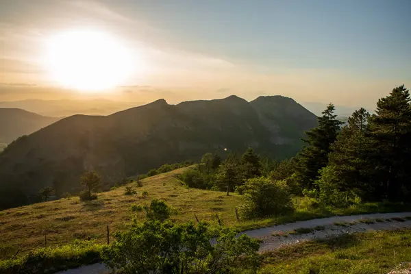 İtalya 'nın Marche bölgesinde Monte Nerone yamacındaki çayır manzarası