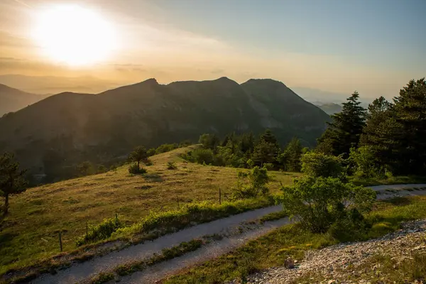 İtalya 'nın Marche bölgesinde Monte Nerone yamacındaki çayır manzarası