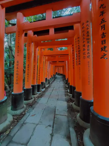 Kyoto, Japonya - 28 Ekim 2023: Japon geleneksel kapısı, Fushimi Inari Tapınağı 'nın Torii kapısı