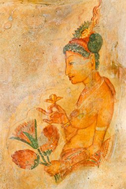 Sigirya, Sri Lanka 'da yarı çıplak bir kadının 5. yüzyıl kaya resmi.