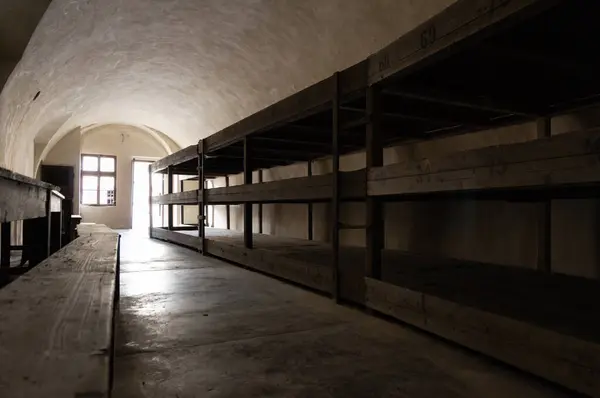 1940-1945 yılları arasında Nazi rejimine muhalifler için Prag Gestapo hapishanesi olarak hizmet veren Küçük Kale 'deki toplu hapishane hücrelerinde tahta ranzalar. Terezin Anıtı