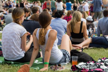 Bir yaz müzik festivali zevk bir çimenlikte oturan genç insanlar