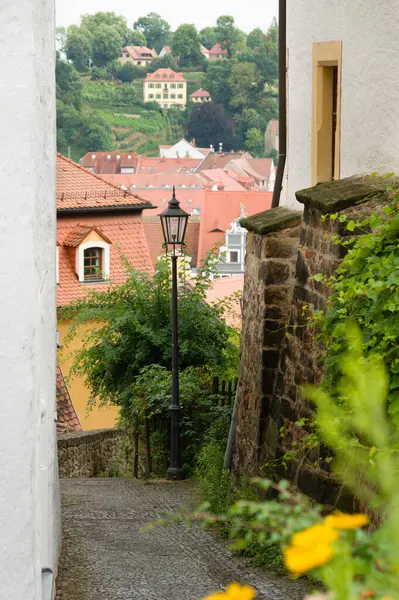 Eski dar sokak evleri ile Arnavut kaldırımı taşları Meissen, Almanya