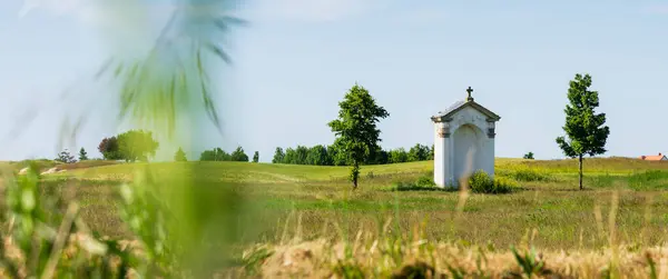 Yazın, Çek Cumhuriyeti, Avrupa 'da ağaçlarla çevrili tarlaların ortasında küçük beyaz Hıristiyan yol kenarı türbesi