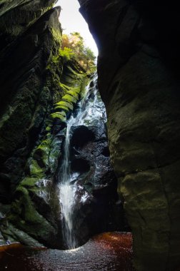 Siyah kayalar üzerindeki küçük şelale, Adrspach kayaları, Çek Cumhuriyeti