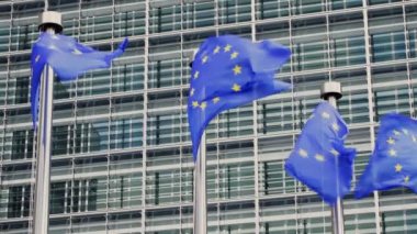 Brüksel, Belçika 'daki Berlaymont binasının önündeki Avrupa bayrakları.