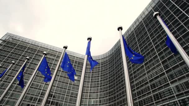 比利时布鲁塞尔Berlaymont大楼前的欧洲国旗 — 图库视频影像