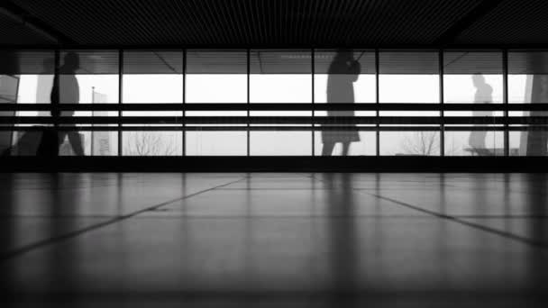 空港ホールでの旅行者のシルエット マルチ露出黒と白 — ストック動画