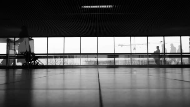 Silhuetas Viajantes Corredor Aeroporto Exposição Multi Preto Branco — Vídeo de Stock