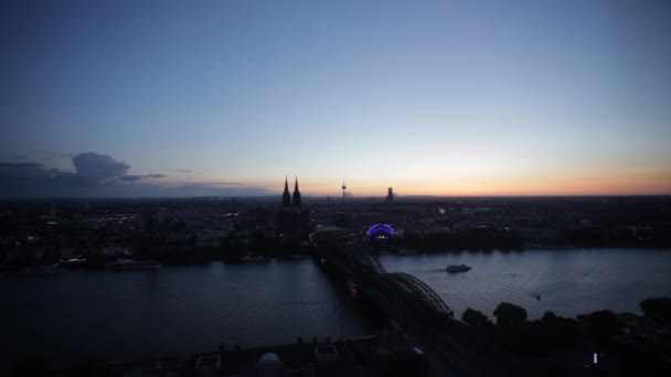 Aerial View Cologne City Skyline Rhine River Dusk — Stock Video