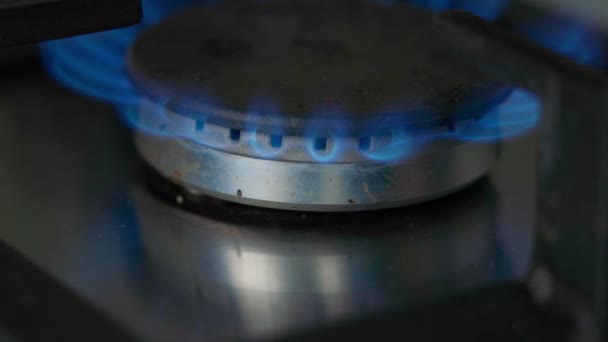 厨房燃气炉燃烧器蓝色火焰背景的闭合 — 图库视频影像