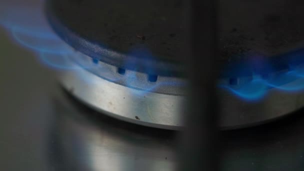 Закрытие Горелки Кухонной Газовой Плиты Фоне Синего Пламени — стоковое видео