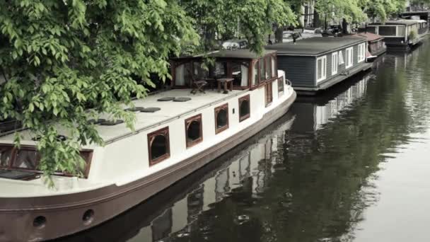 Canal Avec Péniche Amsterdam Pays Bas — Video