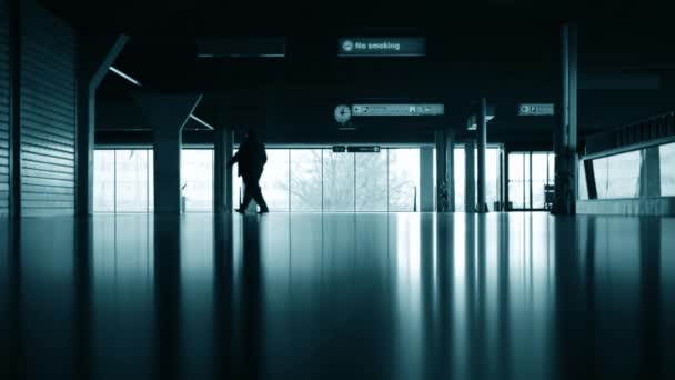 Sziluettek Tükröződik Egy Csoport Ember Sétál Repülőtér Terminál Kék Tónusú — Stock videók