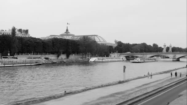 Uitzicht Seine Met Rondvaartboot Grand Palais Achtergrond Parijs Frankrijk — Stockvideo