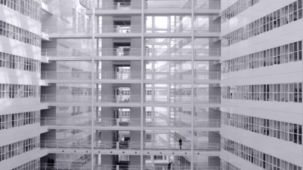 Stadshuset Modern Vit Arkitektur Med Grupp Människor Som Går Upphöjd — Stockvideo