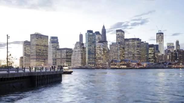 New York City Nedre Manhattan Skyline Stadslandskap Vid Skymningen Tidsfrist — Stockvideo
