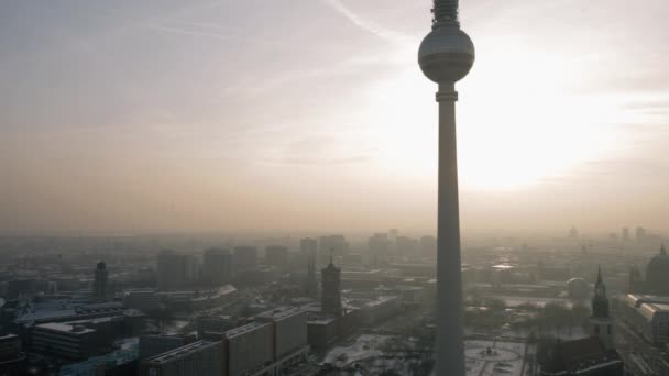 Tower Fernsehturm Landmärke Vinter Solnedgång Alexanderplatz Berlin Tyskland — Stockvideo