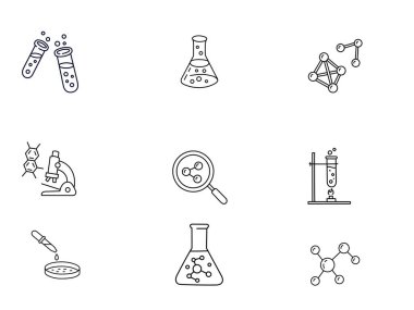 Kimya ve bilim vektör simgesi seti veya bilimsel teçhizat simgesi
