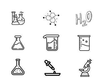 Kimya ve bilim vektör simgesi seti veya bilimsel teçhizat simgesi