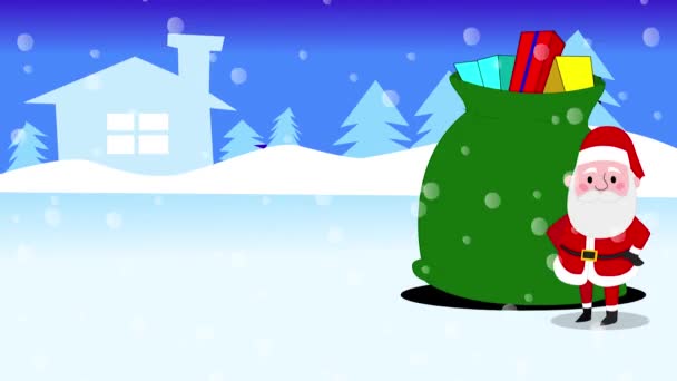 サンタのスタイリッシュなリーン 巨大な緑のクリスマスギフトバッグに休む — ストック動画