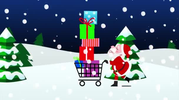 Santa Pushing Cart Gift Boxes Snow — Stock Video