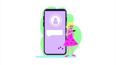 Genç Güzel Kız Yeşil Arkaplanla Cep Telefonu 'nda sohbet ediyor