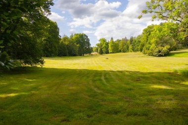 Çeşitli ağaçları ve iyi korunmuş çimenleri olan yemyeşil bir park. Görünmez ağaçların gölgeleri ön planda görülebilir. Çimleri biçmek çimlerin üzerinde desenler oluşturur..