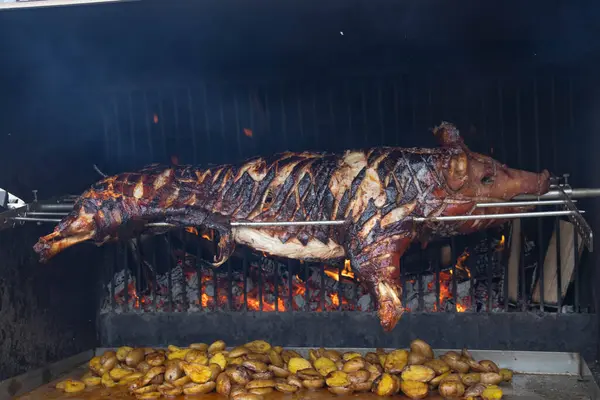 Ateş ve dumandan oluşan bir arka planda koca bir domuz ve bir sürü patates. Bir domuz bir tükürükte kızarır. Kırmızı-turuncu bir ateşte yemek pişirmek.